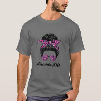 Womens Messy Bun Hair Leopard Headband Grammy Life T-Shirt