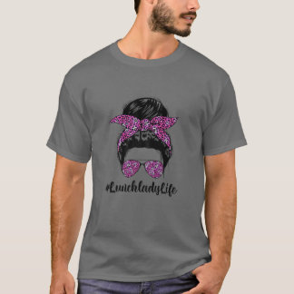 Womens Messy Bun Hair Leopard Headband Lunch Lady T-Shirt