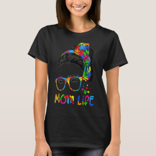 Womens Messy Bun Leopard Autistic Autism Awareness T-Shirt