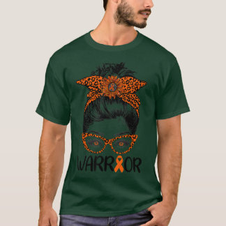 Womens Messy Bun Leopard Orange Warrior Leukaemia  T-Shirt
