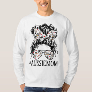 Women's Messy Bun Mum Aussie Mum Glasses Funny Dog T-Shirt