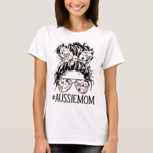 Women's Messy Bun Mum Aussie Mum Glasses Funny Dog T-Shirt