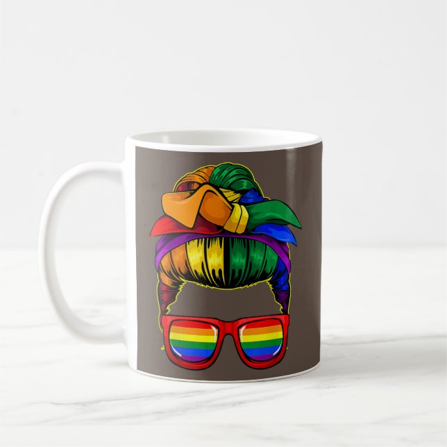 Womens Messy Bun Mum LGBT Flag Gay  Coffee Mug (Left)