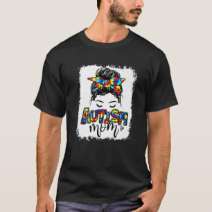 Womens Messy Bun Puzzle Proud Mum Autism Awareness T-Shirt