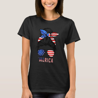 Womens Messy Hair Bun Merica Sunglasses 4th Of Jul T-Shirt