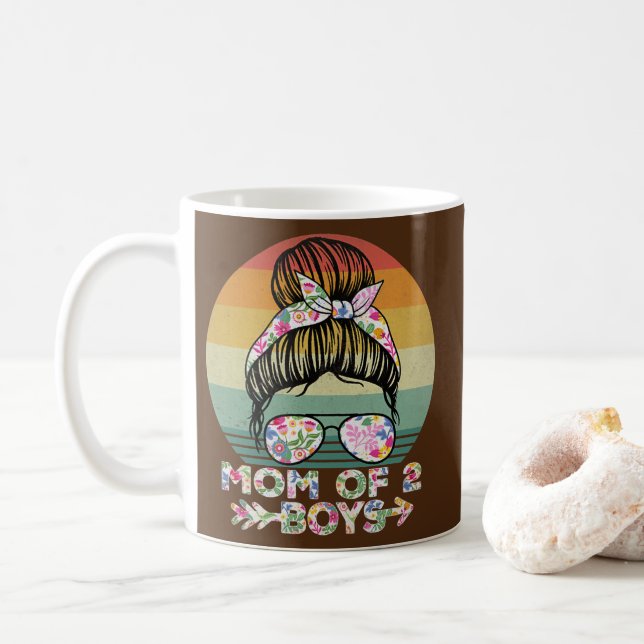 Womens Mom of 2 Boys Son Mothers Day Women Retro Coffee Mug (With Donut)