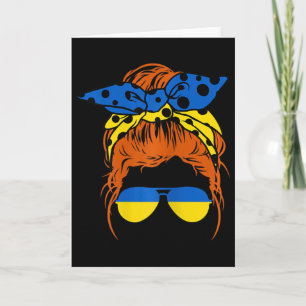 Womens Mom Ukrainian Messy Bun Hair Flag Gles Cool Card