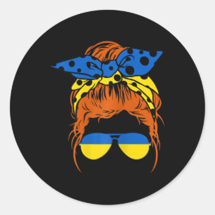 Womens Mom Ukrainian Messy Bun Hair Flag Gles Cool Classic Round Sticker