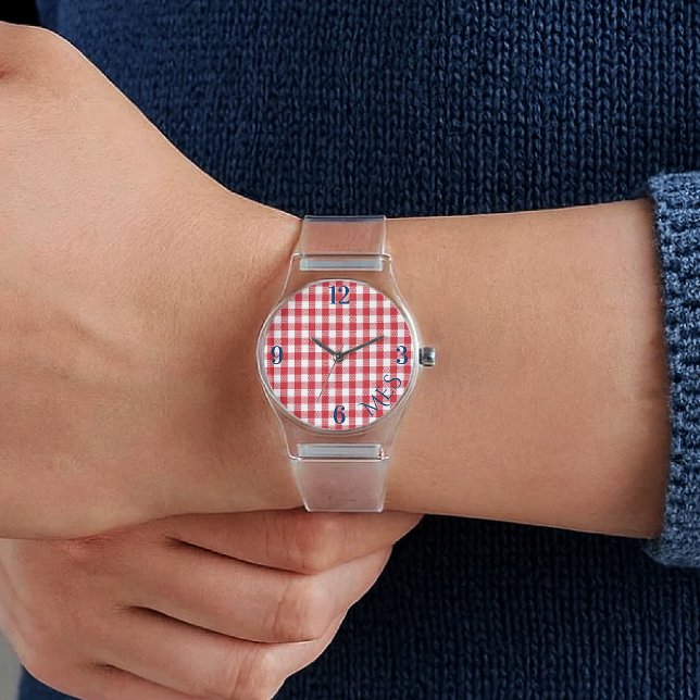 Women's Monogram Red White Gingham Clear Silicone Watch (Creator Uploaded)