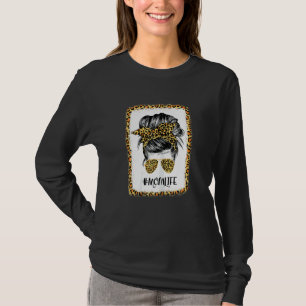 Womens Mum Life Messy Hair Bun Leopard Mother's Da T-Shirt
