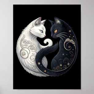 Womens Mystical Yin Yang Cat Symbol Black White Poster