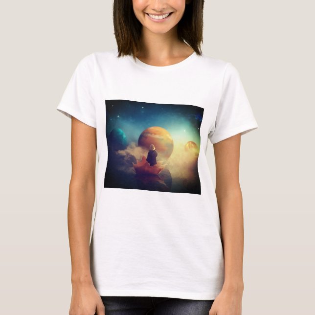 women's mytical child and planets t-shirt (Front)