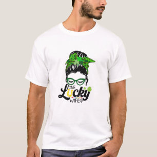 Womens One Lucky Wifey Messy Bun Hair St Patricks T-Shirt