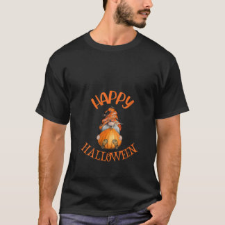 Womens Orange Black Striped Pumpkin Gnome Hallowee T-Shirt