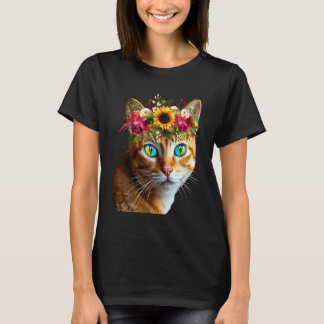 Womens Orange Cat Owner for Girls Pet Floral Anima T-Shirt