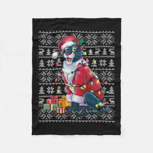 Womens Panther Xmas Sweater Style Ugly Santa Panth Fleece Blanket (Front)
