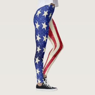Women's Patriotic Leggings, American Flag Glitter Leggings