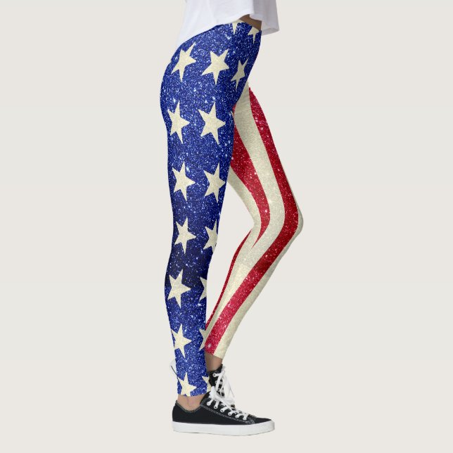 Women's Patriotic Leggings, American Flag Glitter Leggings (Right)
