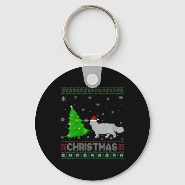 Womens Persian Cat Xmas Tree Lighting Ugly Christm Key Ring (Front)
