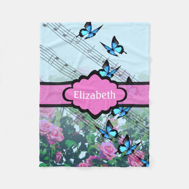 Women's Personalised Rose Garden Sheet Music Note Fleece Blanket (Front)