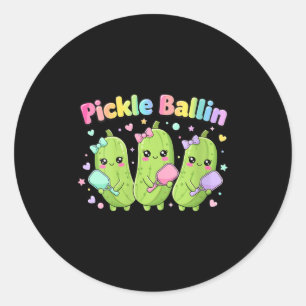 Women's pickle ballin cute cartoon pickleball with classic round sticker