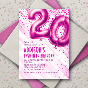 Womens Pink 20th Birthday Invitation