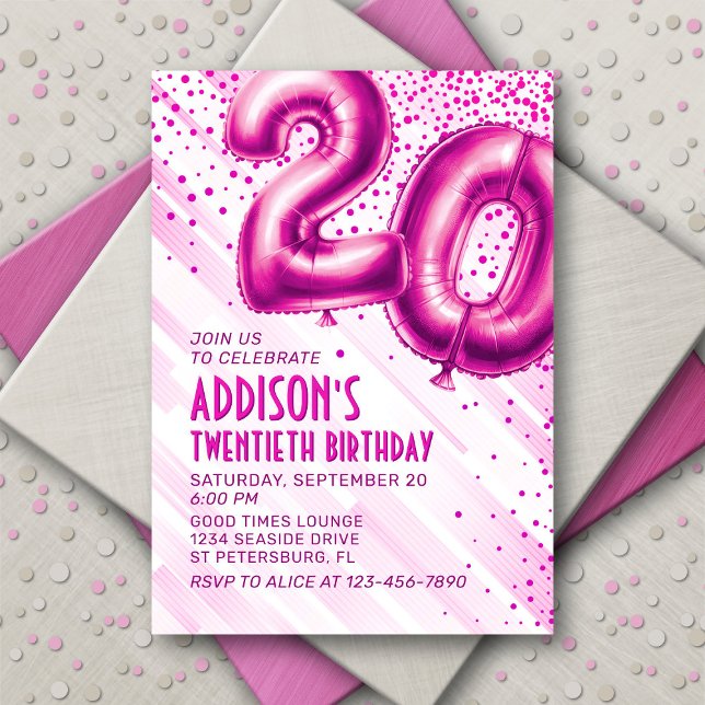 Womens Pink 20th Birthday Invitation (Creator Uploaded)