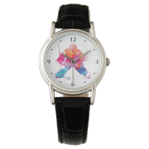 Women's Pink Hockey Goalie Watercolor Watch