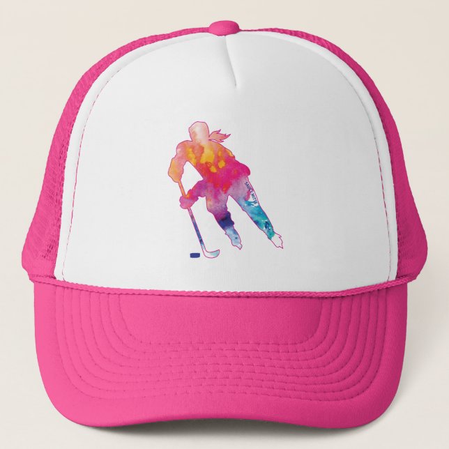 Women's Pink Hockey Player Watercolor Cap (Front)