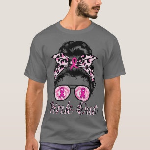 Womens Pink Out Messy Hair Bun Breast Cancer Aware T-Shirt