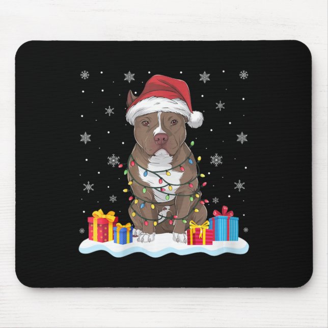 Womens Pitbull Dog Santa Hat Christmas Tree Light  Mouse Mat (Front)