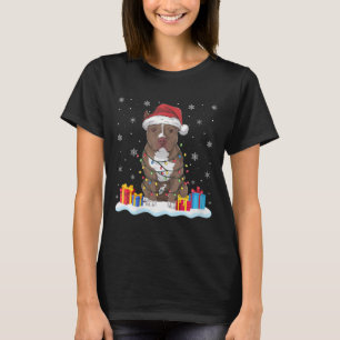 Womens Pitbull Dog Santa Hat Christmas Tree Light T-Shirt