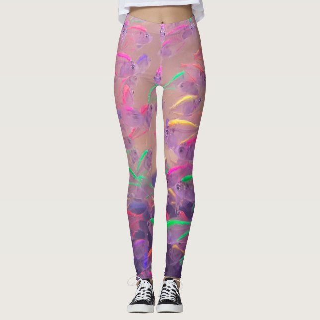 Women's Psychedelic Pink Purple Yellow Neon Fish Leggings (Front)