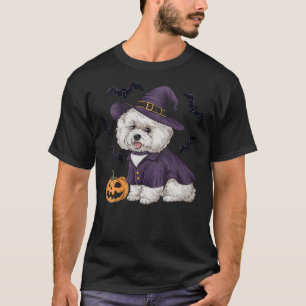 Womens Pumpkin Bat Witch Costume Bichon Frise Dog  T-Shirt