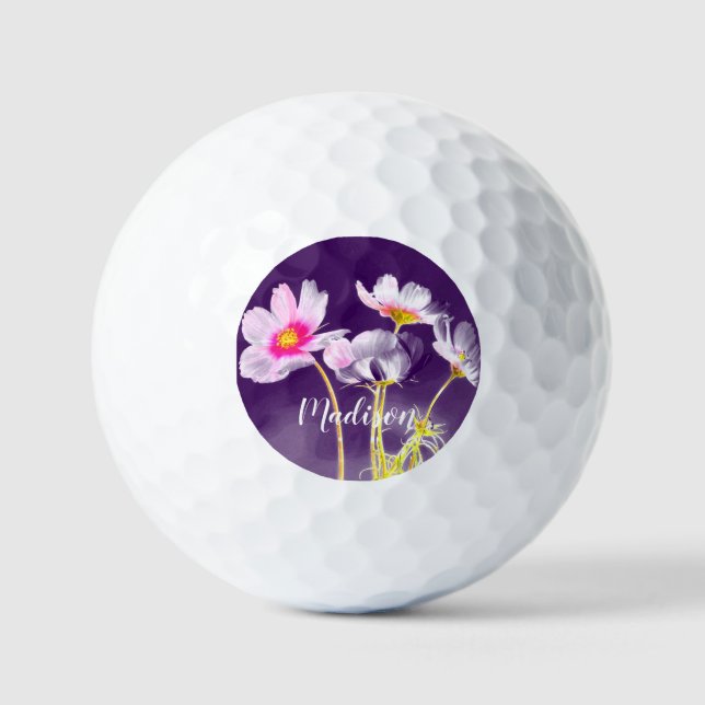 Womens Purple Floral Personalised Name Golf Balls (Front)