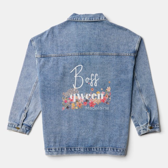 Womens Quote Pink Field Flower Boss Qween Denim Jacket (Back)