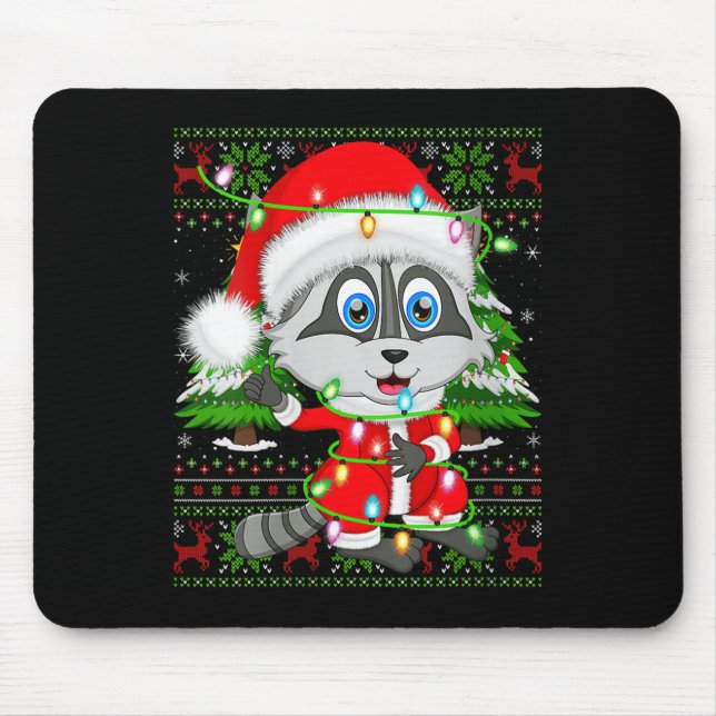 Womens Raccoon Christmas Lights Santa Costume Ugly Mouse Mat (Front)