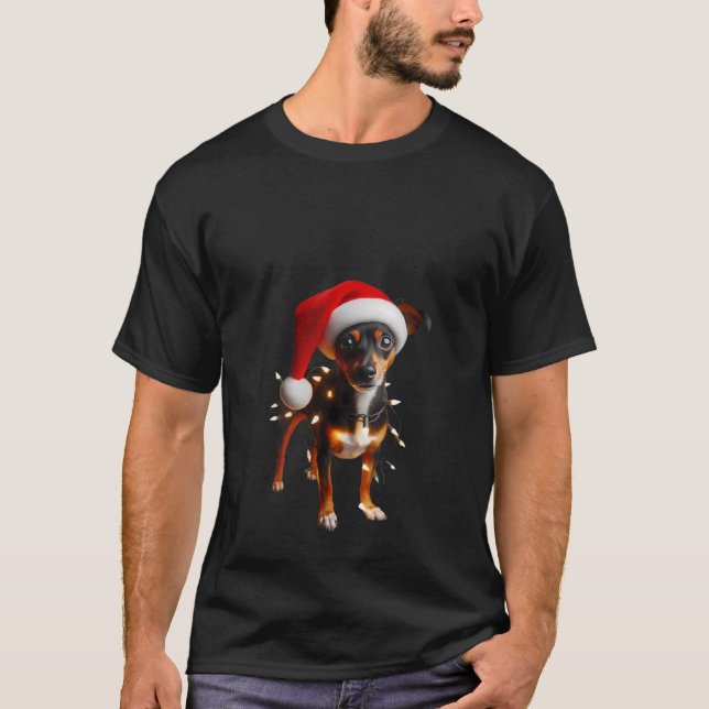 Womens Rat Terrier Santa Hat Christmas Lights Dog  T-Shirt (Front)