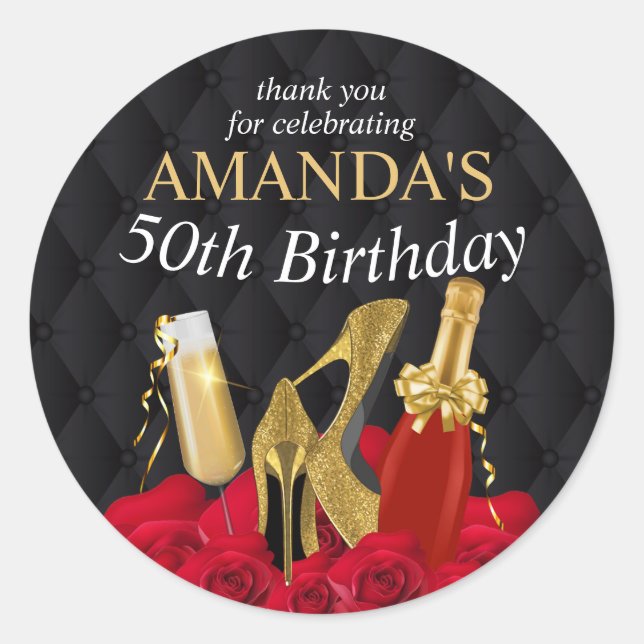 Womens Red and Gold Birthday Classic Round Sticker (Front)