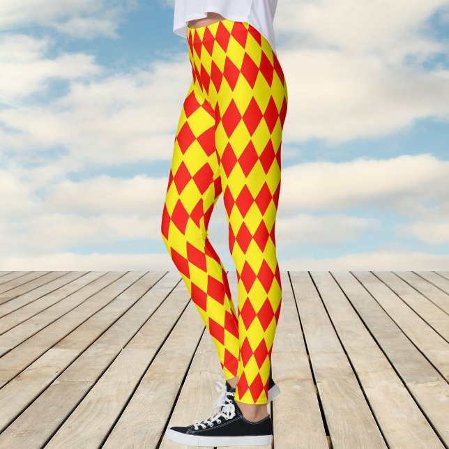 Womens Red and Yellow Harlequin Check Pattern Leggings (Red and Yellow Harlequin Check Pattern)