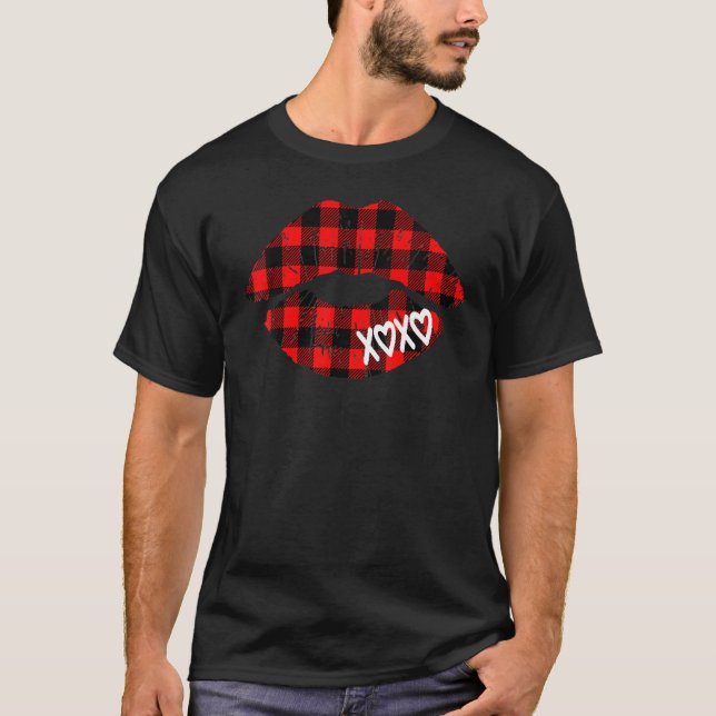 Womens Red Buffalo Plaid Lips  Valentine Day XOXO T-Shirt (Front)