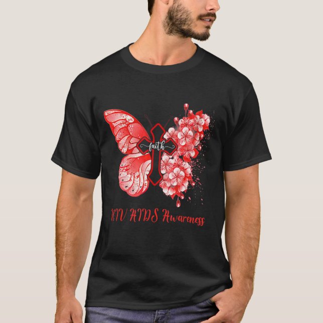 Womens Red Butterfly Faith Hiv Aids Awareness T-Shirt (Front)