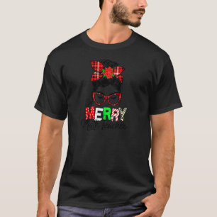 Womens Red Plaid One Merry Math Teacher Messy Bun  T-Shirt