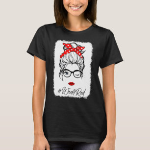 Womens Red Ribbon Week Wink Eye Messy Bun Glasses T-Shirt