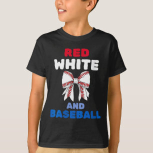 Women's red white and baseball coquette bow T-Shirt