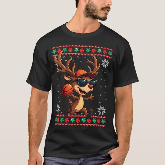 Womens Reindeer Playing Basketball Ugly Christmas  T-Shirt (Front)