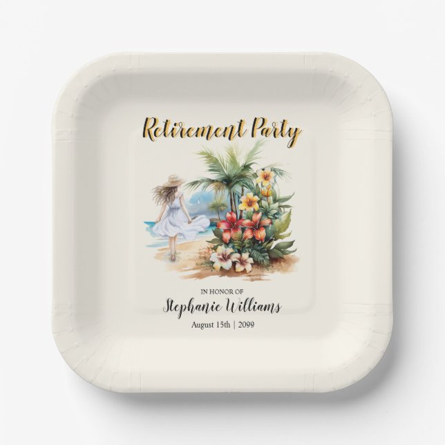 Women's Retirement Beach Aloha Flowers Party Paper Plate (Front)