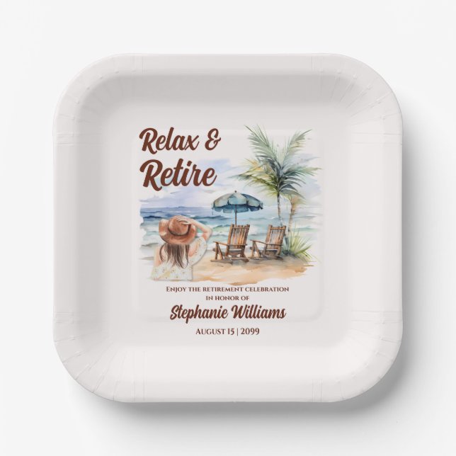 Women's Retirement Beach Chair Themed Party Paper Plate (Front)