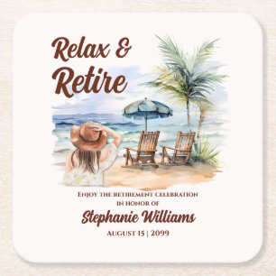 Women's Retirement Beach Chair Themed Party Square Paper Coaster