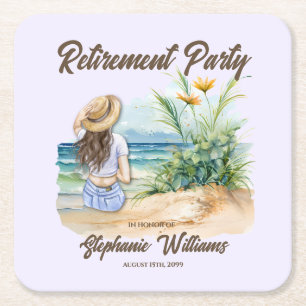 Women's Retirement Beach Theme Elegant Woman Square Paper Coaster